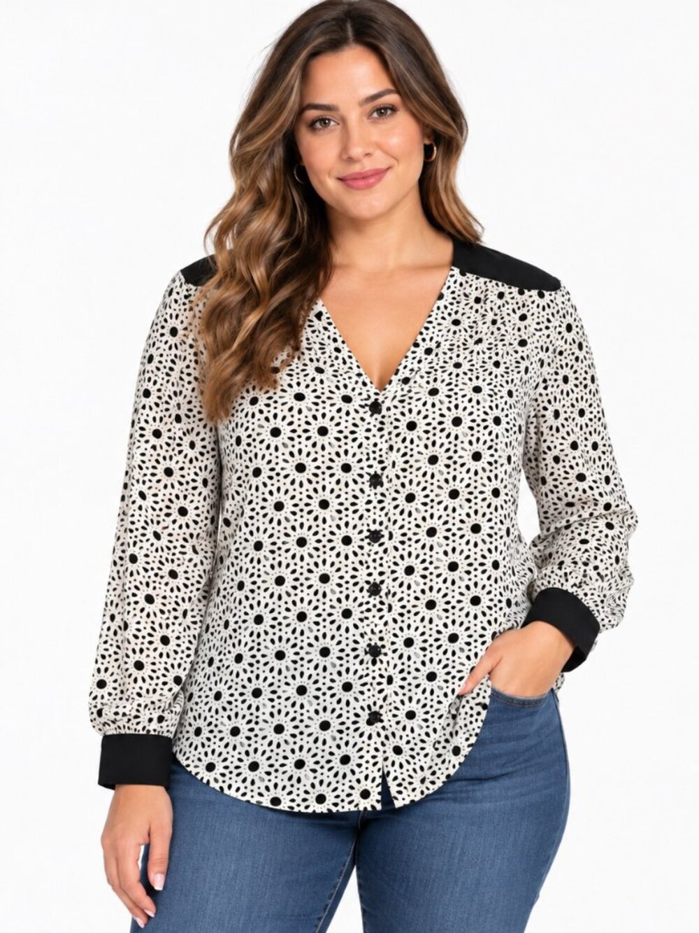 Bellatrix Women’s Medium Black White Floral Print Long Sleeve Blouse
